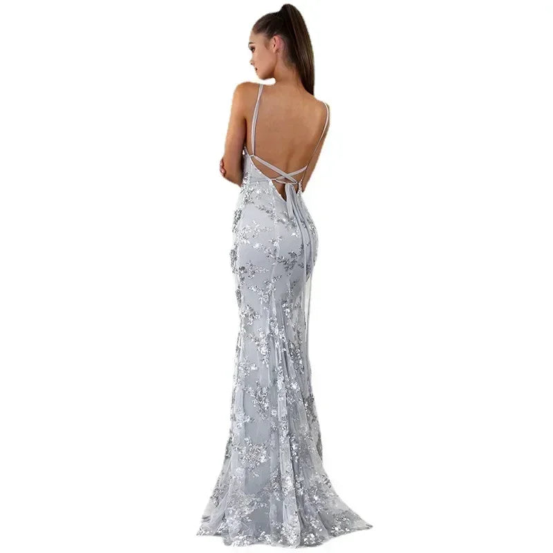 Women Dresses Sleeveless V Neck Pullover Sequins Party Dress Vestidos Formal Floor Length Sexy Wrap Breast Backless Slim