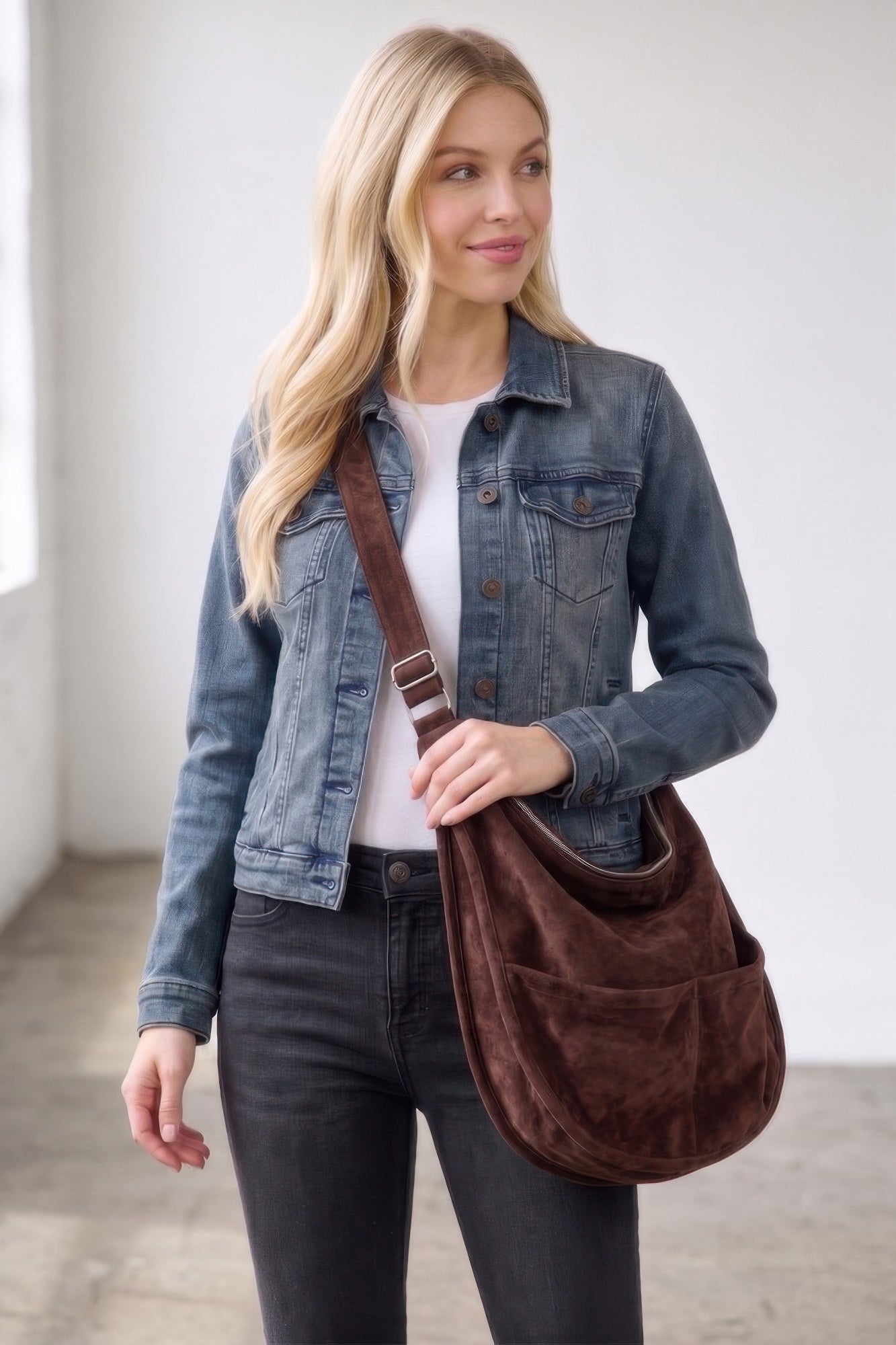 Faux Suede Hobo Bag With Dual Exterior Slip Pockets