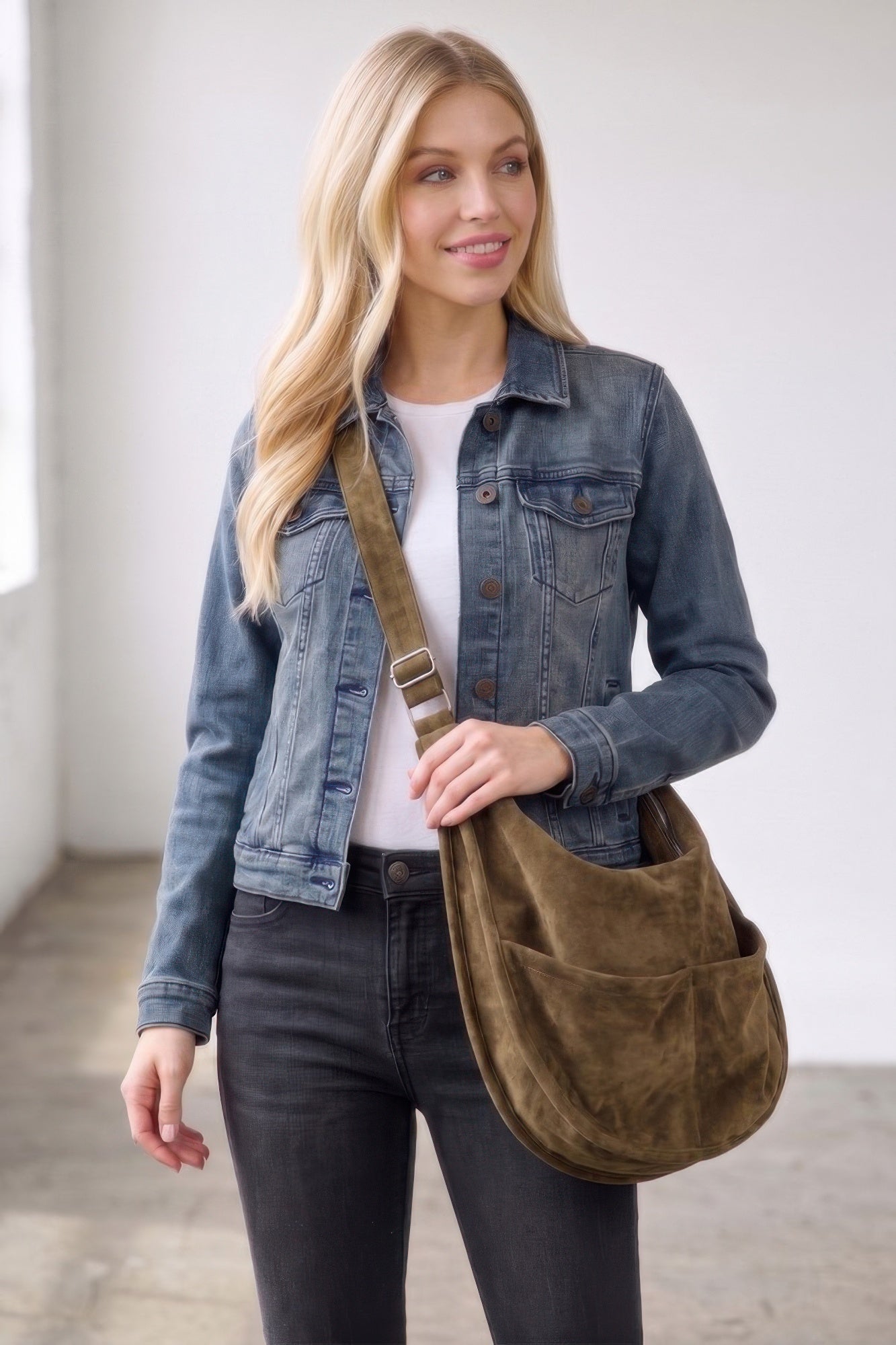 Faux Suede Hobo Bag With Dual Exterior Slip Pockets