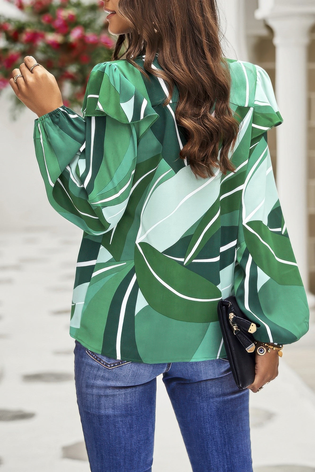 Floral V Neck Button Ruffle Long Sleeve Top