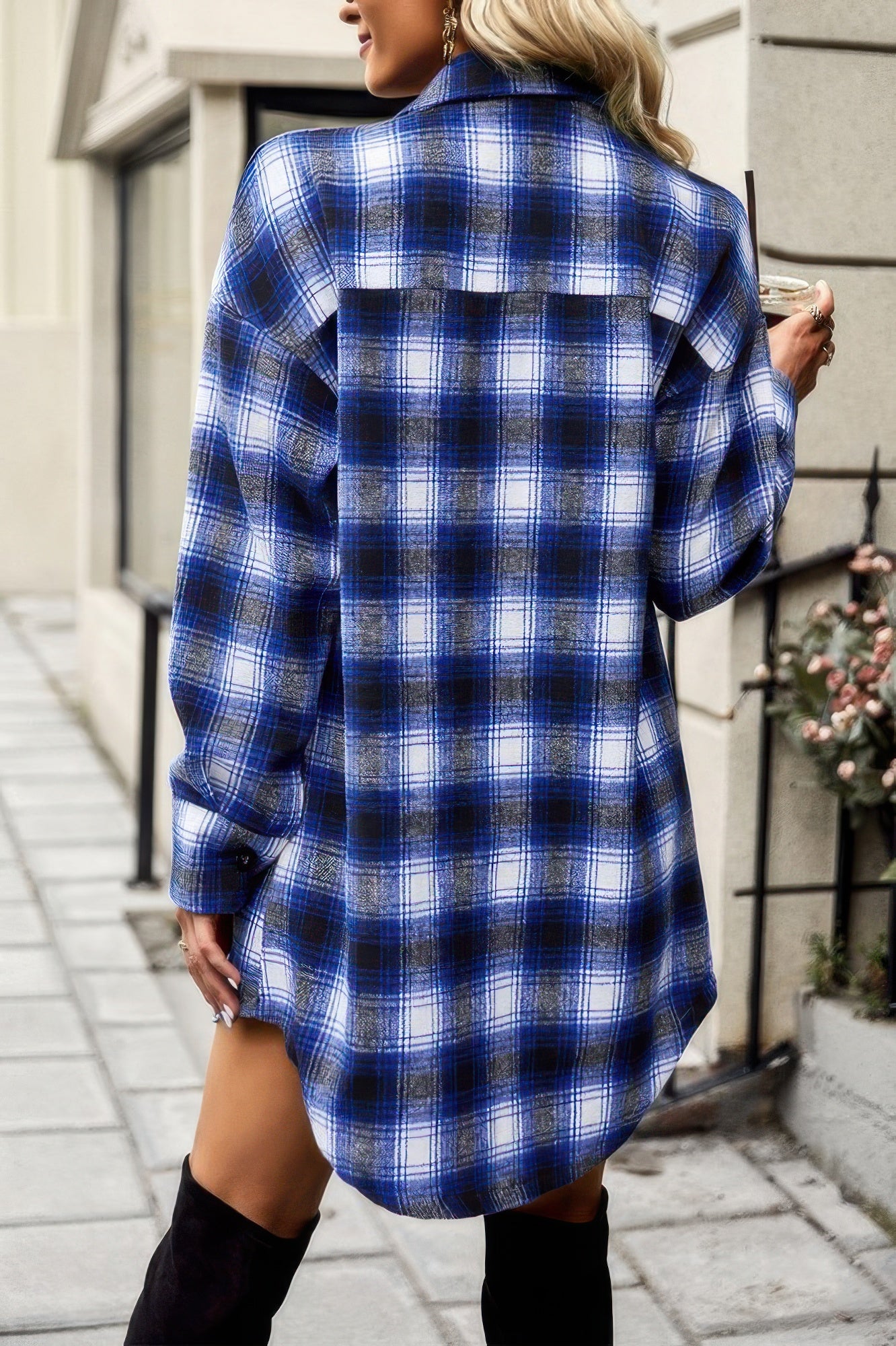 Plaid Single Pocket Button Down Loose Outerwear
