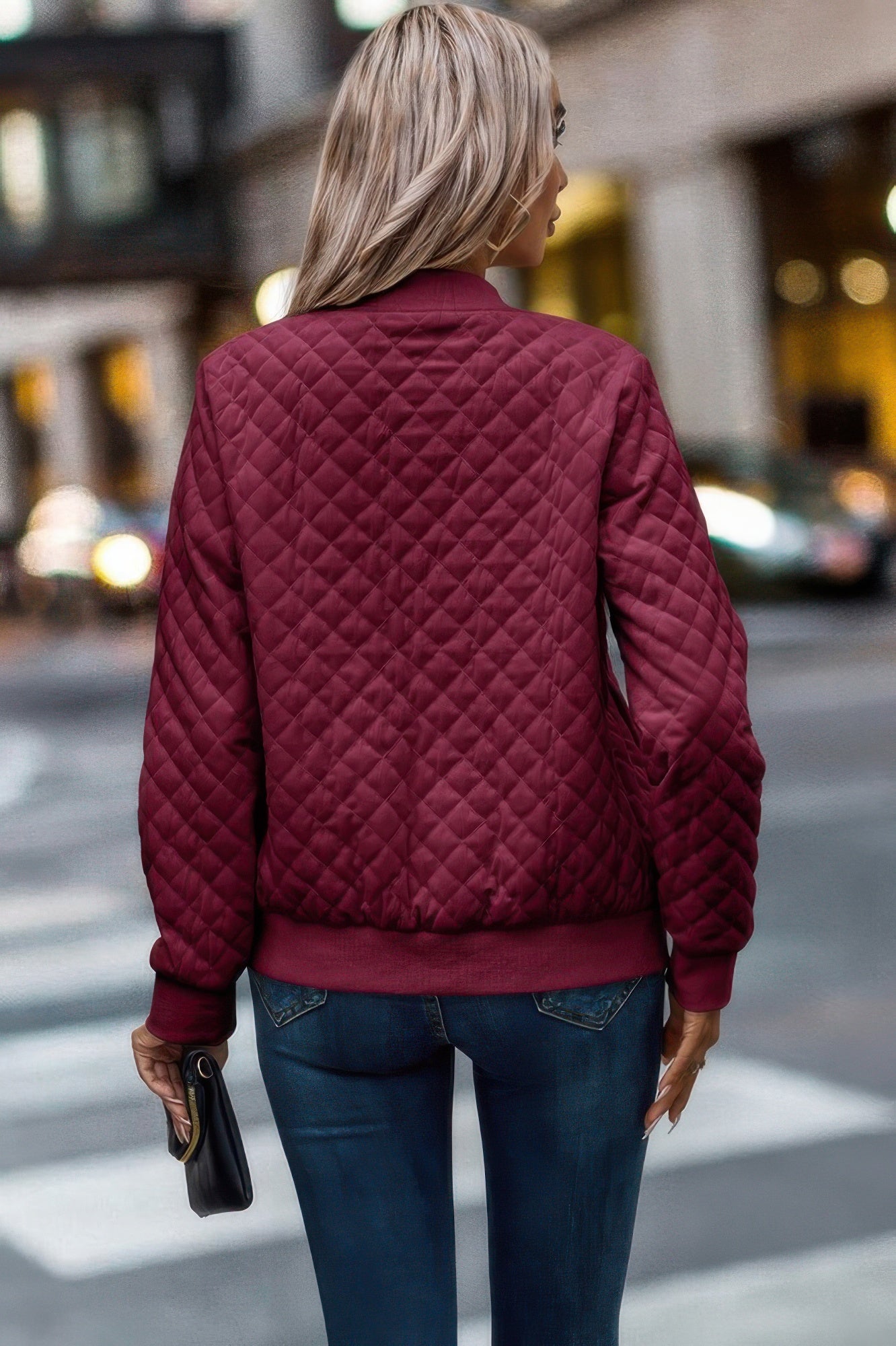 Solid Plaid Stitch Pockets Bomber Jacket