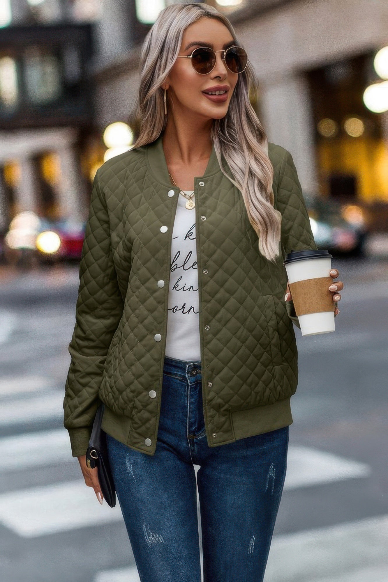 Solid Plaid Stitch Pockets Bomber Jacket