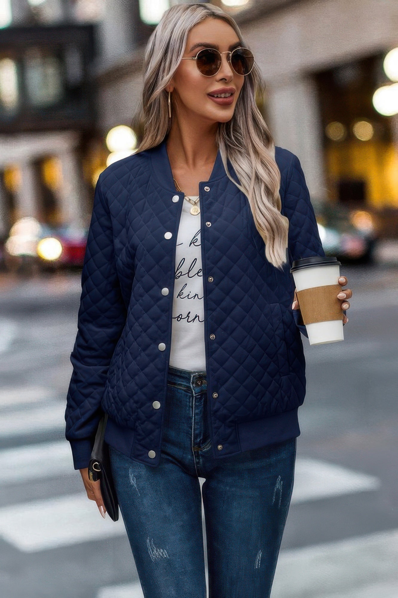 Solid Plaid Stitch Pockets Bomber Jacket