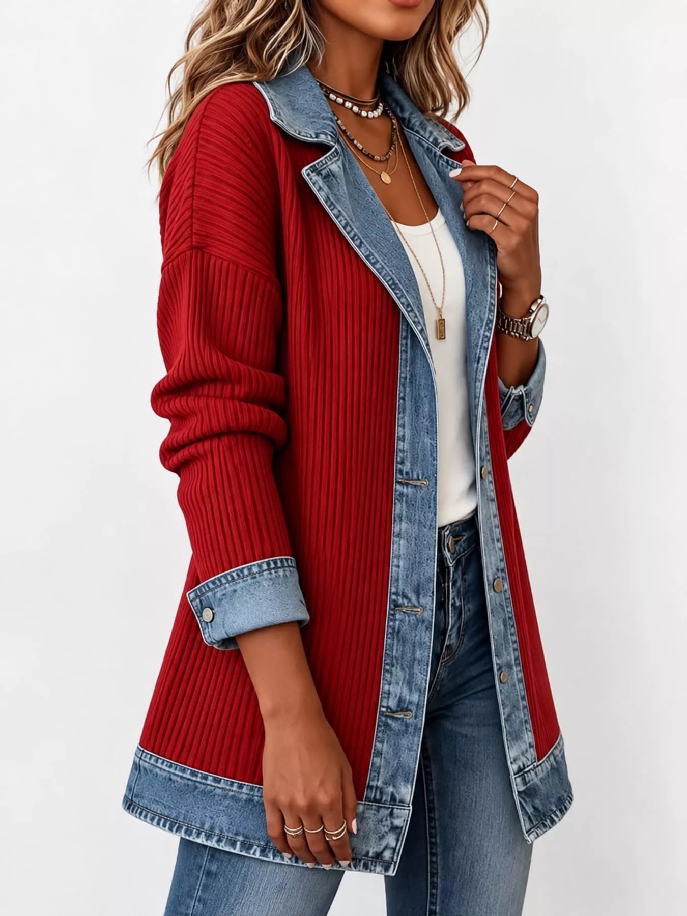 Full Size Denim Trim Ribbed Knit Cardigan Plus Size