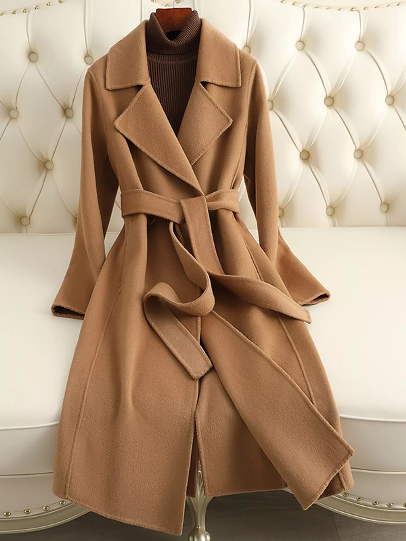 Longline Wool Coat with Waist-Defining Belt