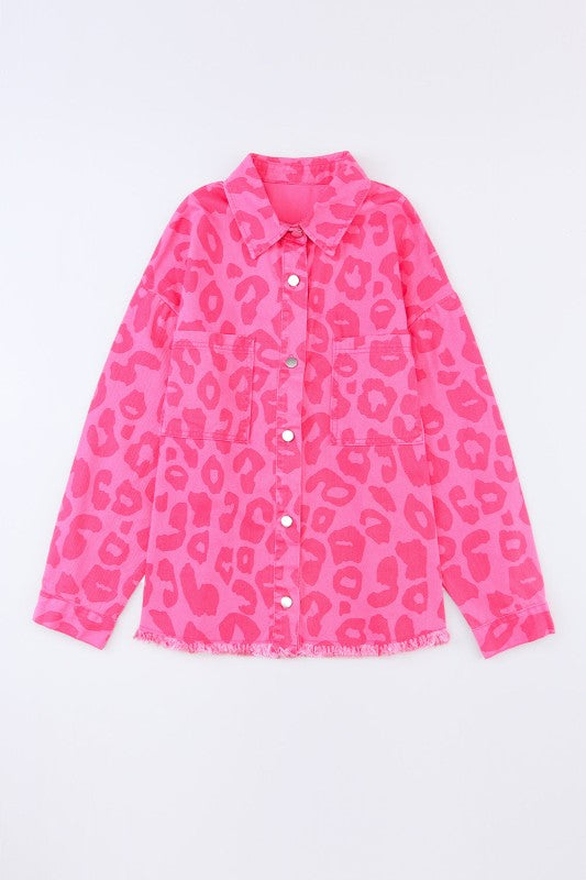 Leopard Buttoned Cuff Raw Hem Denim Jacket