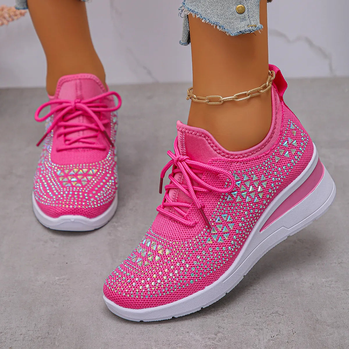 Breathable Mesh Rhinestone Wedge Athletic Sneakers