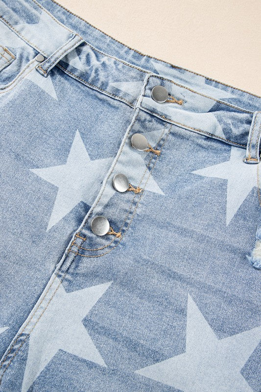 Plus Size Star Buttoned Slit Knee Distressed Jeans