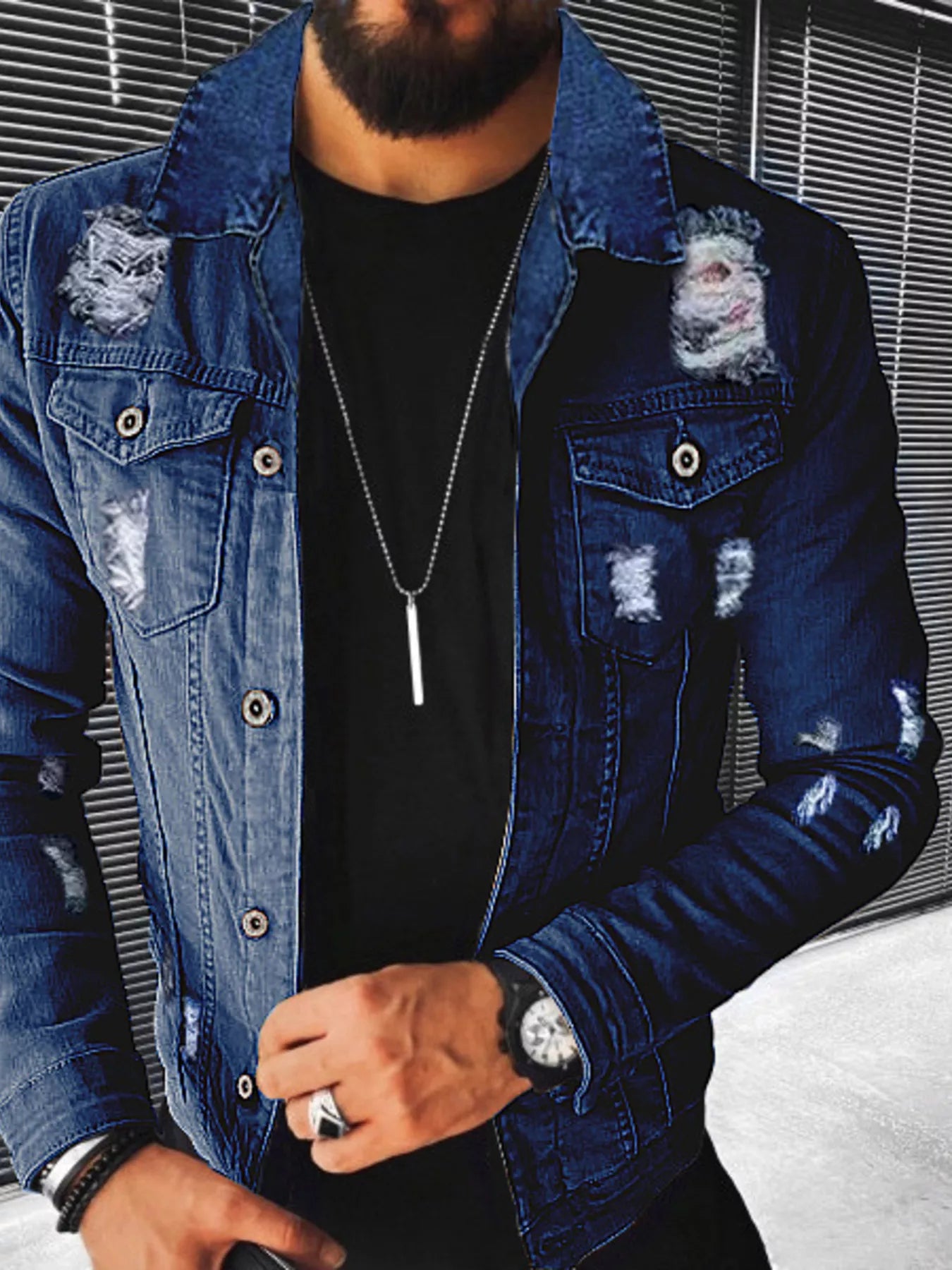 Men's Plus Size Distressed Button Up Denim Jacket