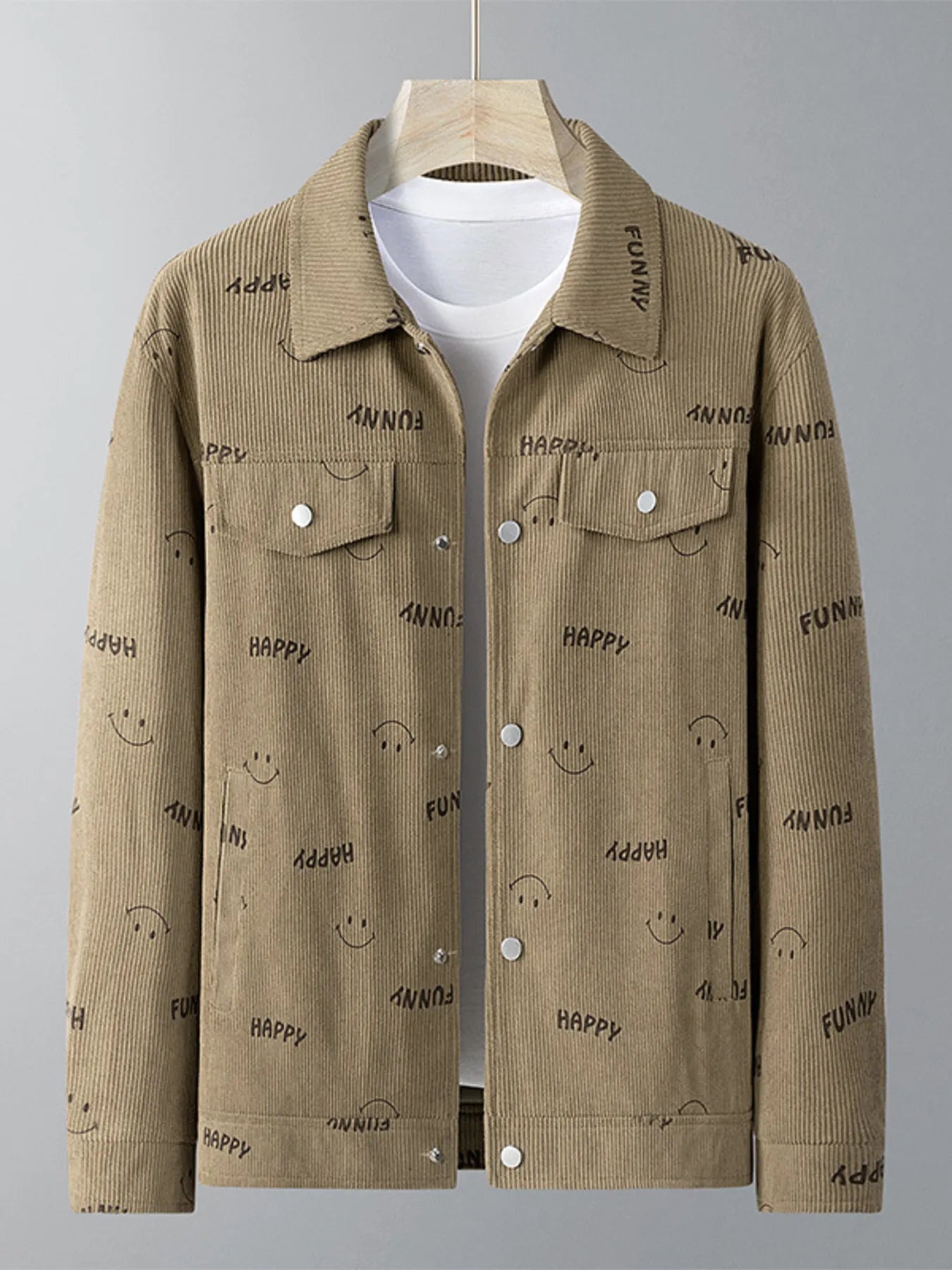 Men's Plus Size Smiley Face Print Snap Down Casual Jacket