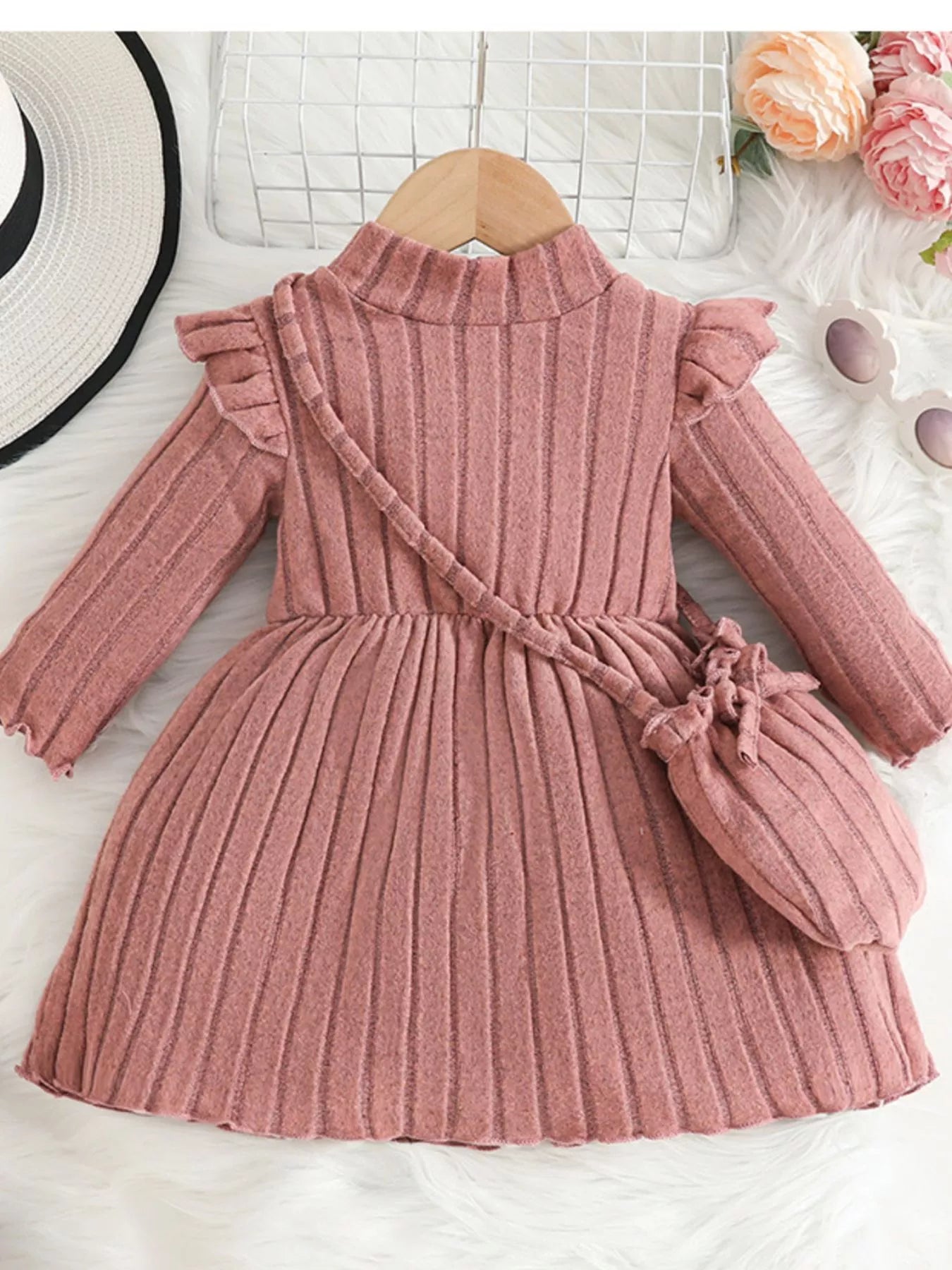 Children's Ribbed Knit Ruffle Trim Dress with Bag