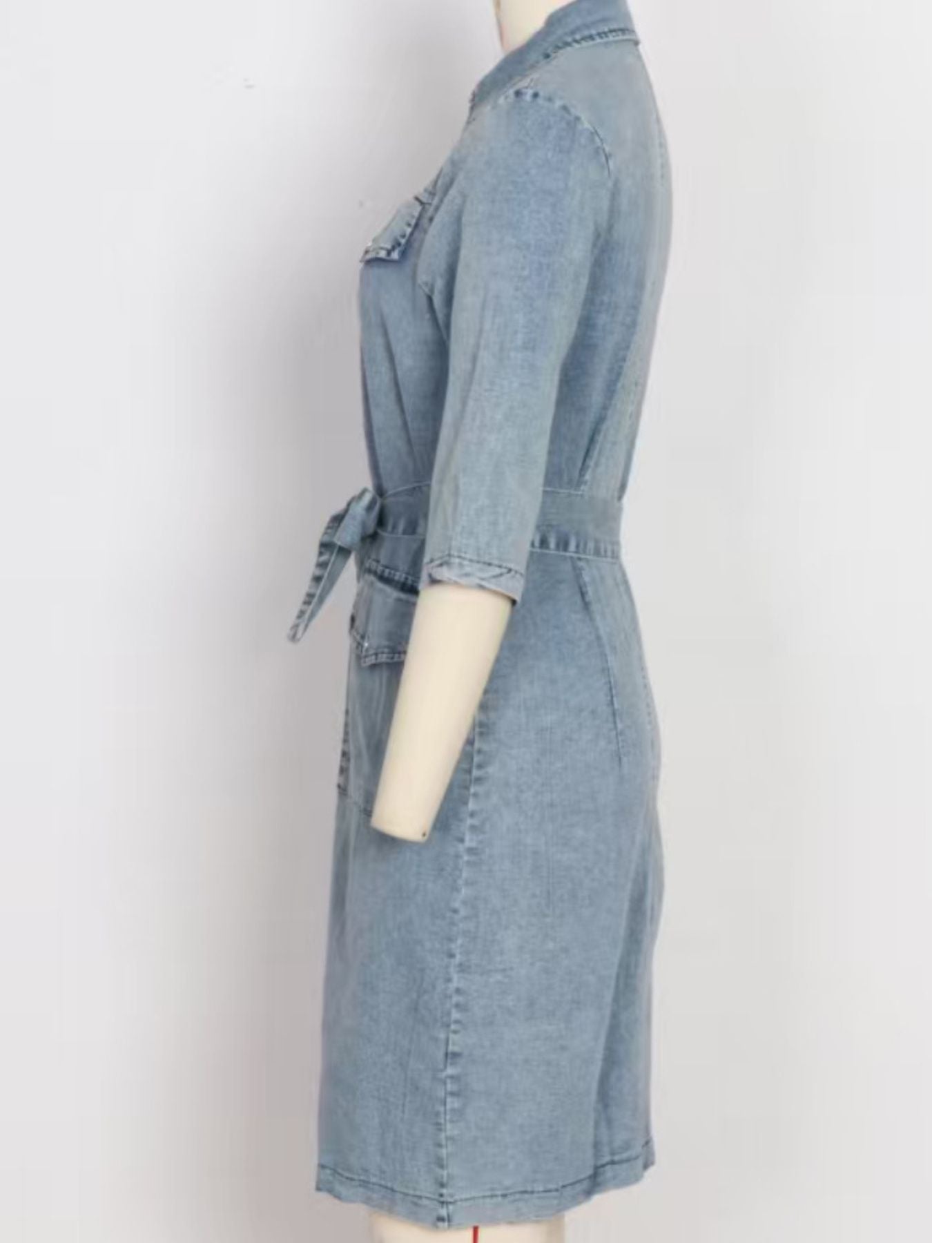Zipper Front Short Sleeve Denim Dress