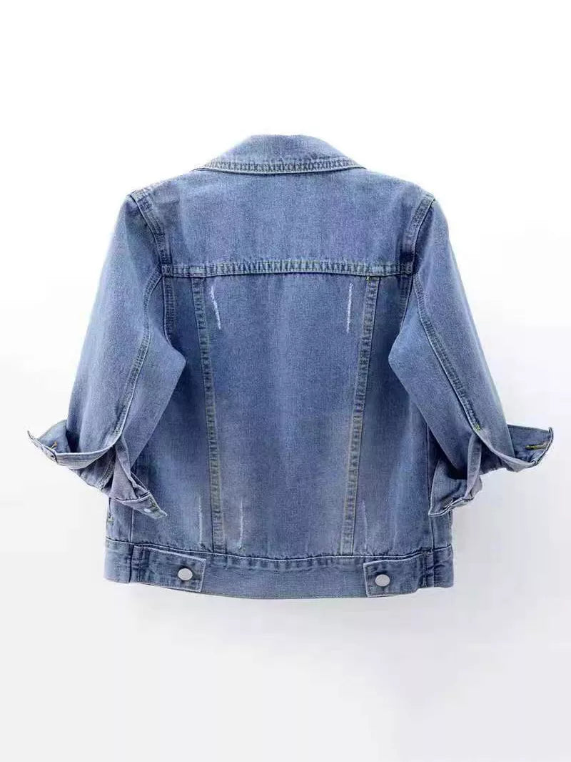 Full Size Distressed Mid-Sleeve Denim Jacket Plus Size