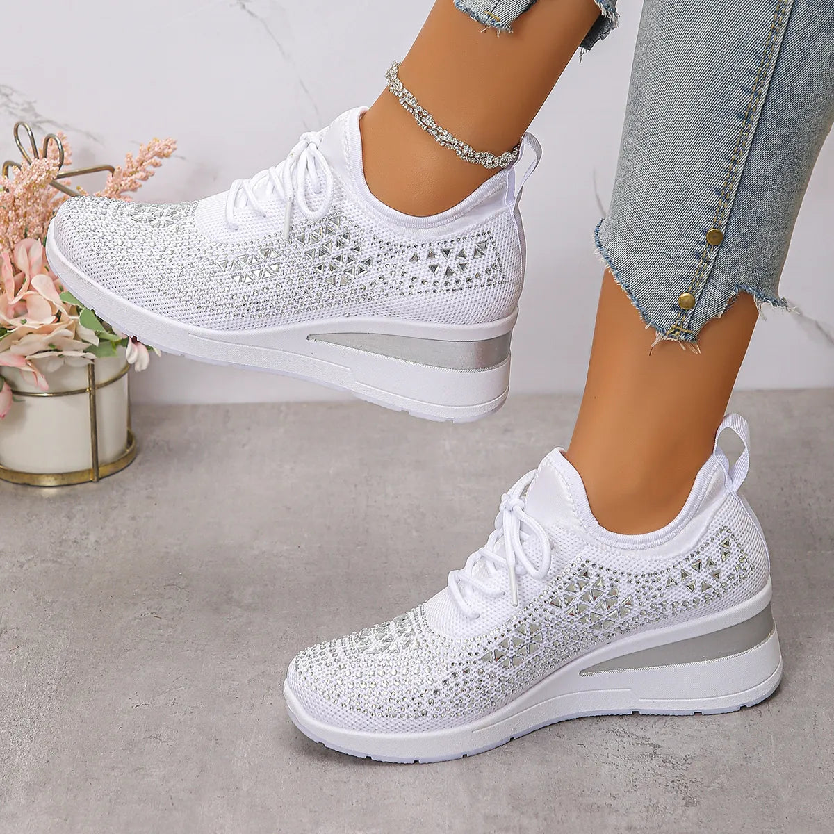 Breathable Mesh Rhinestone Wedge Athletic Sneakers
