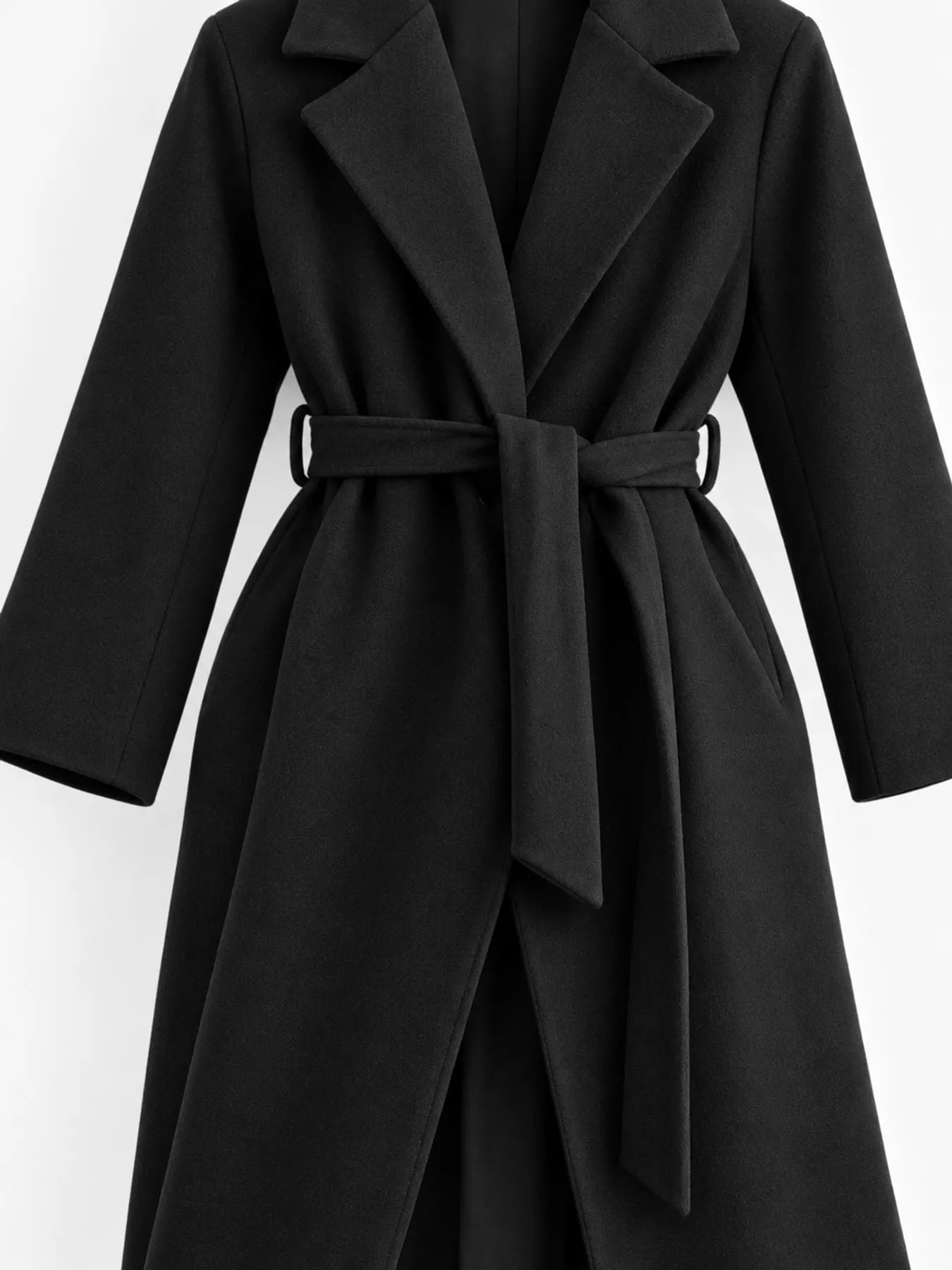 Lapel Collar Long Sleeve Belted Coat