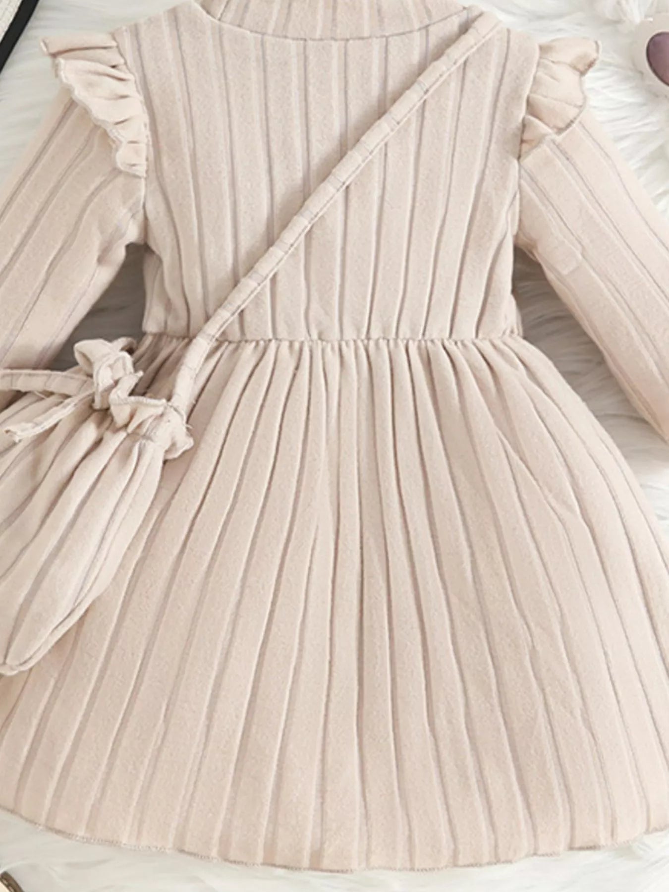 Children's Ribbed Knit Ruffle Trim Dress with Bag