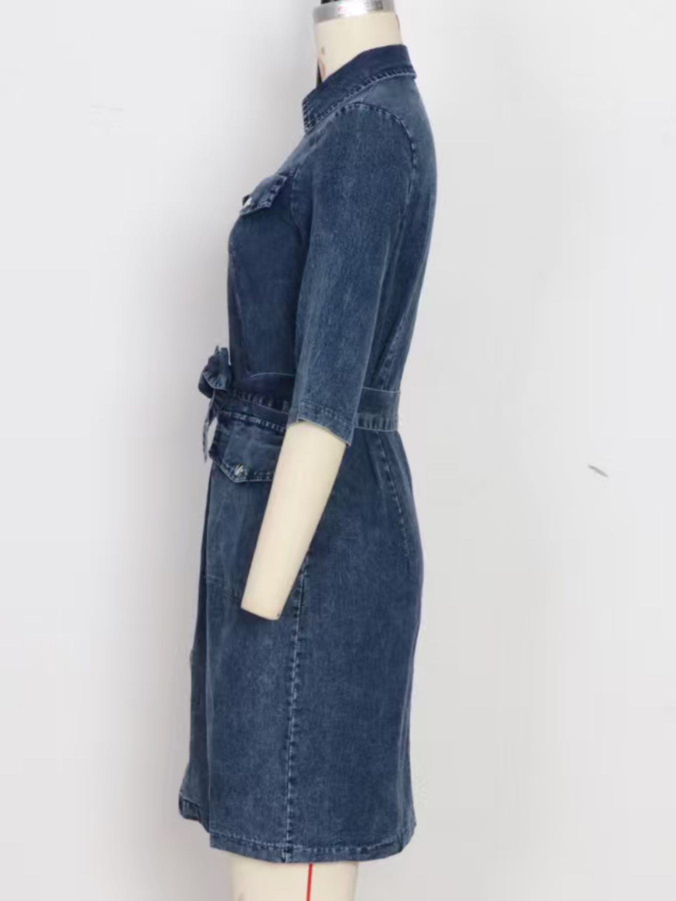 Zipper Front Short Sleeve Denim Dress