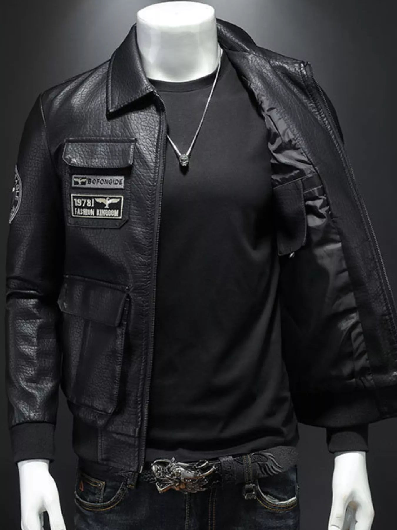 Men's Plus Size Zip Up Leather Bomber Jacket