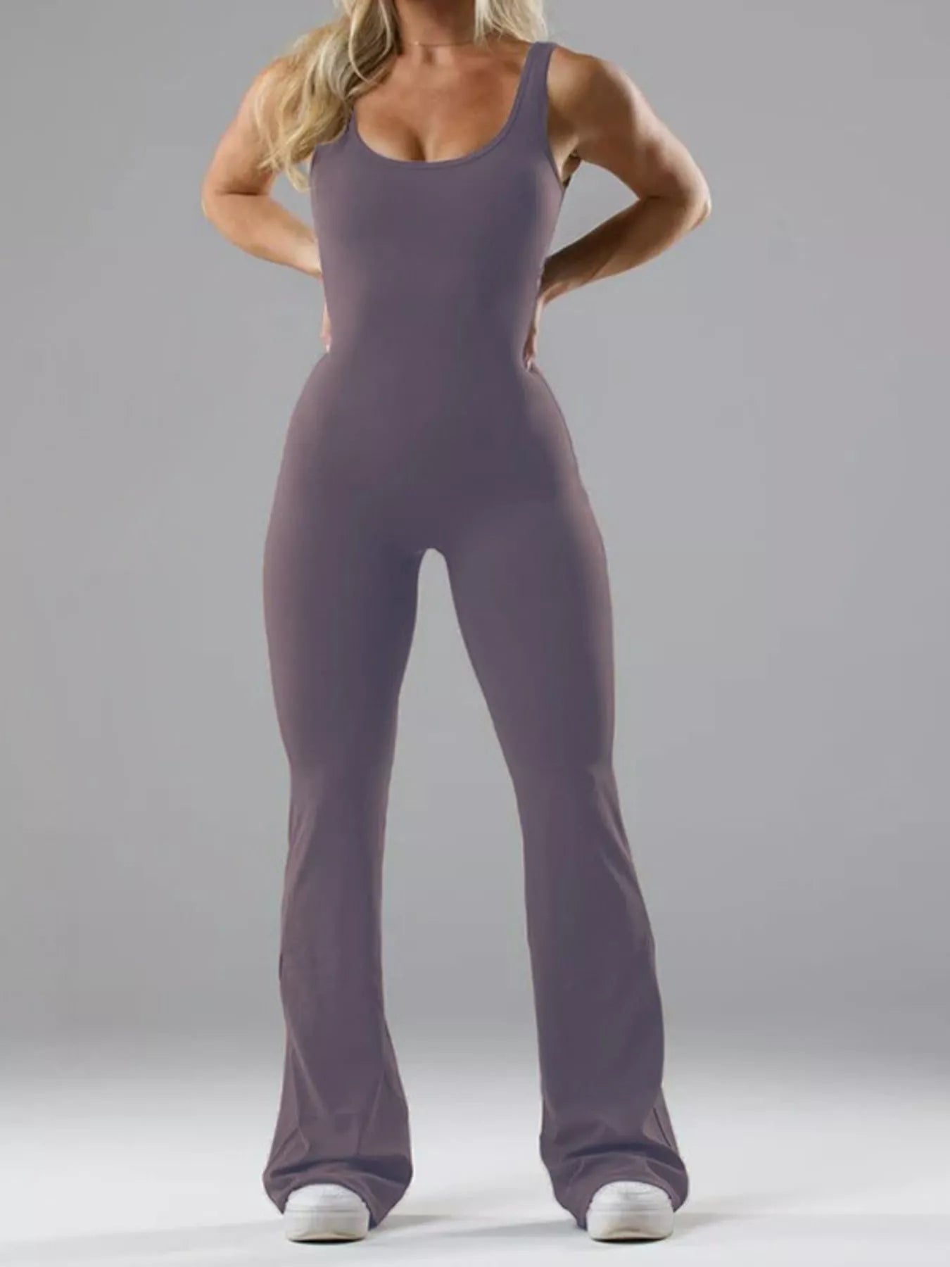 Seamless Scoop Neck Active Jumpsuit with Flared Leg Design