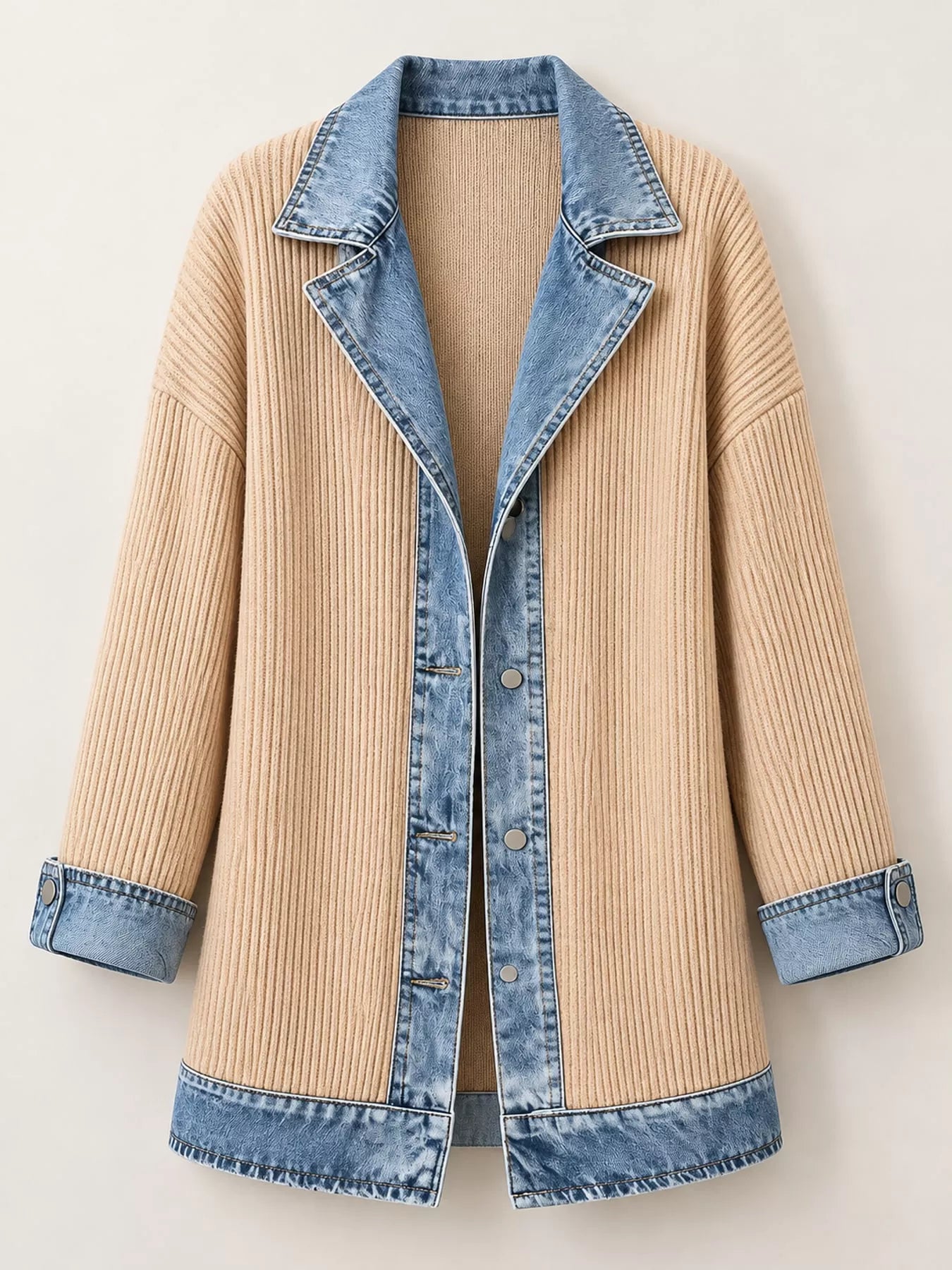 Full Size Denim Trim Ribbed Knit Cardigan Plus Size