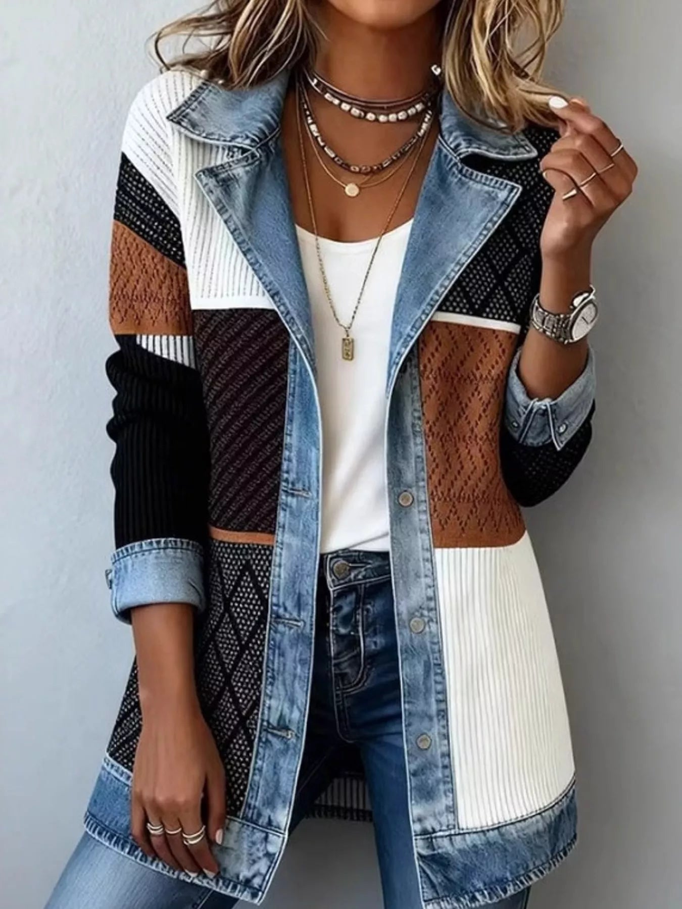 Full Size Denim Trim Ribbed Knit Cardigan Plus Size