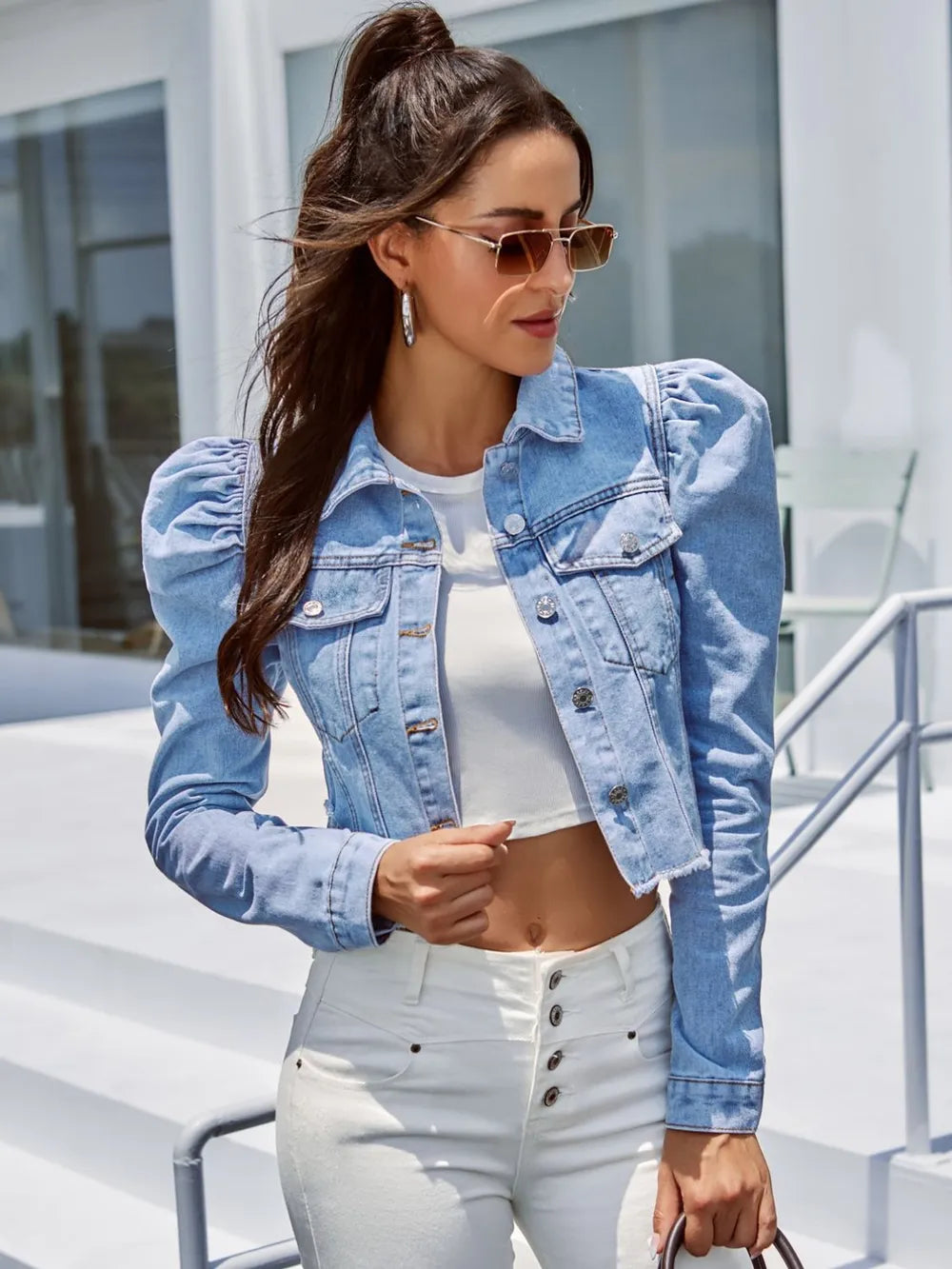 Button Down Raw Hem Cropped Denim Jacket