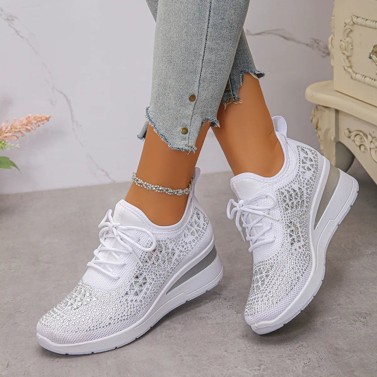 Breathable Mesh Rhinestone Wedge Athletic Sneakers